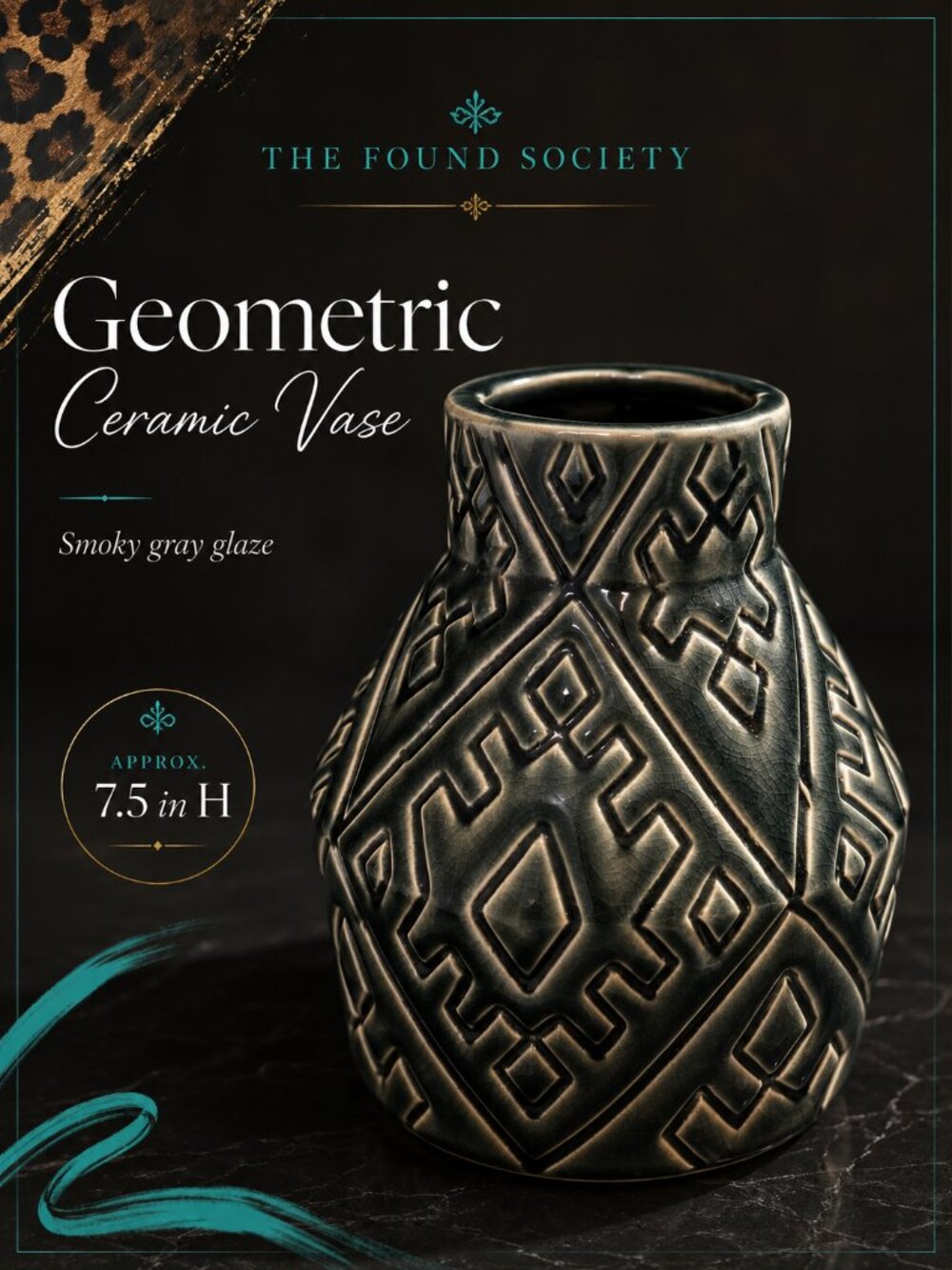 Smoky Gray Geometric Ceramic Vase Textured Crackle Glaze 7.5” Boho Modern